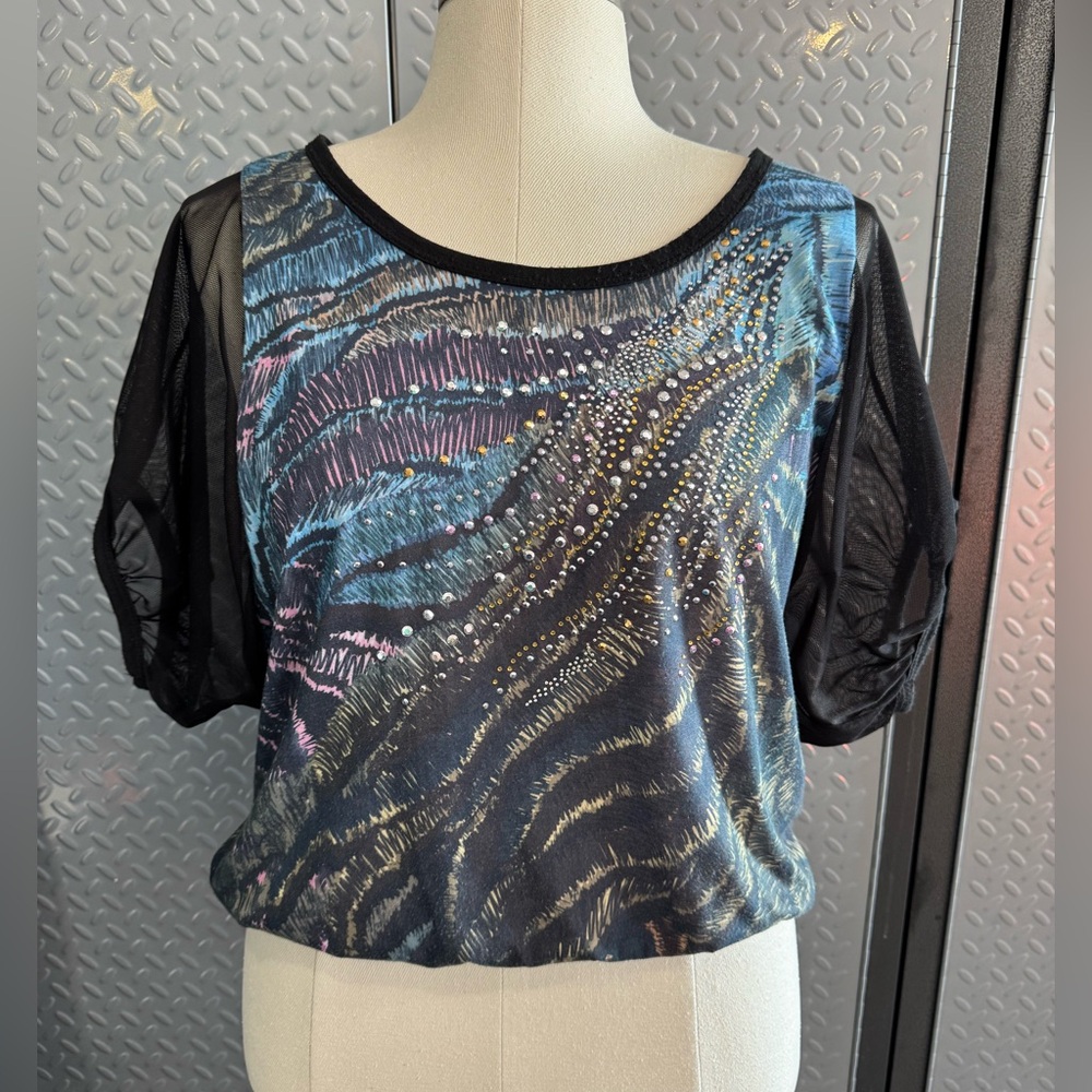 Y2K Vintage Daytrip Rhinestone and Sheer Puff Sleeve Top